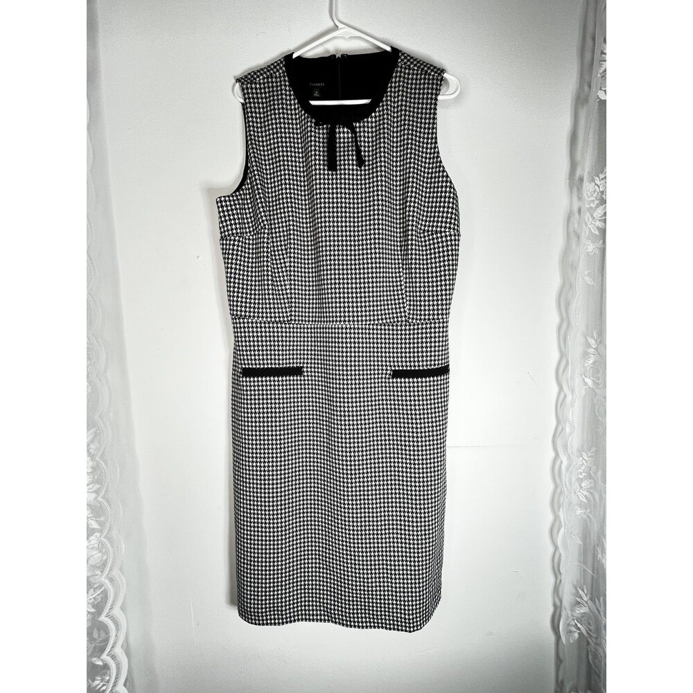 Talbots Dress Womens 18 Black Houndstooth Sleeveless Knit Sheath Bow Office